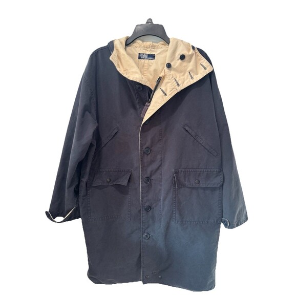 VTG 90s Polo Ralph Lauren Blue Canvas Hooded Rain Coat Parka Jacket Men’s Sz L - Picture 4 of 5